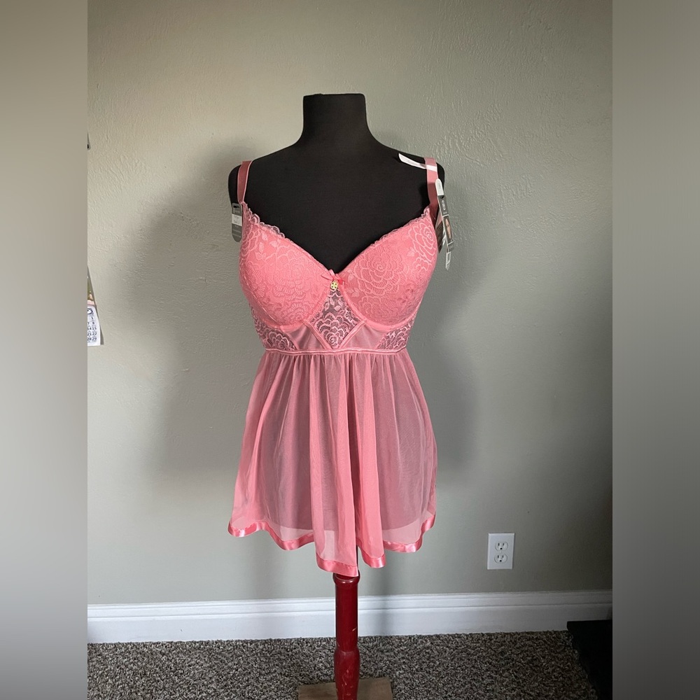 Daisy Fuentes Coral Pink Lace & Mesh Babydoll Chemise